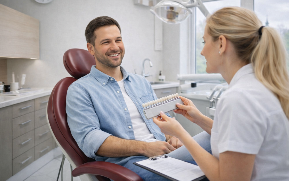 Pacjent podczas konsultacji stomatologicznej wybiera kolor zębów przed wybielaniem