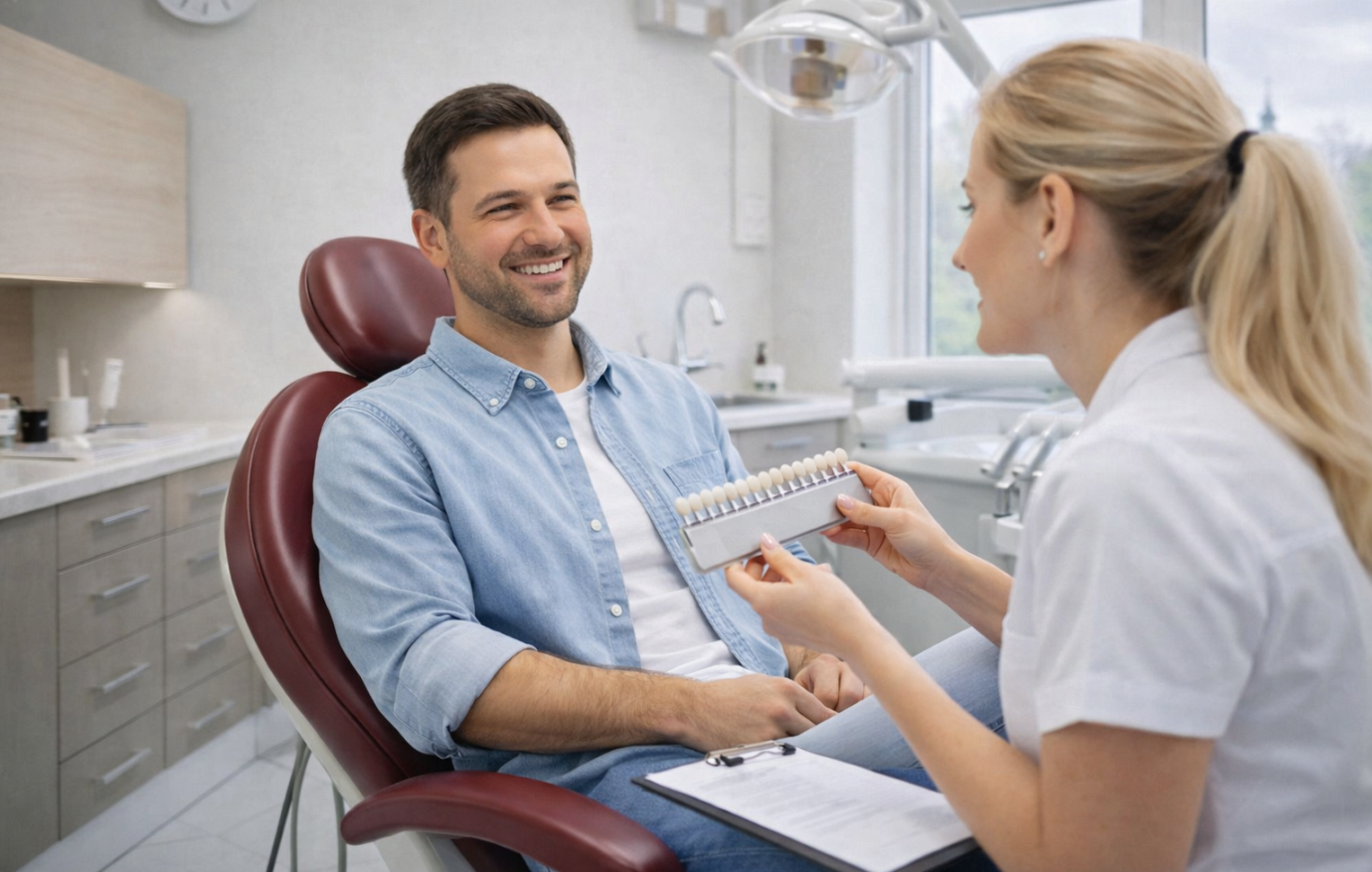 Pacjent podczas konsultacji stomatologicznej wybiera kolor zębów przed wybielaniem